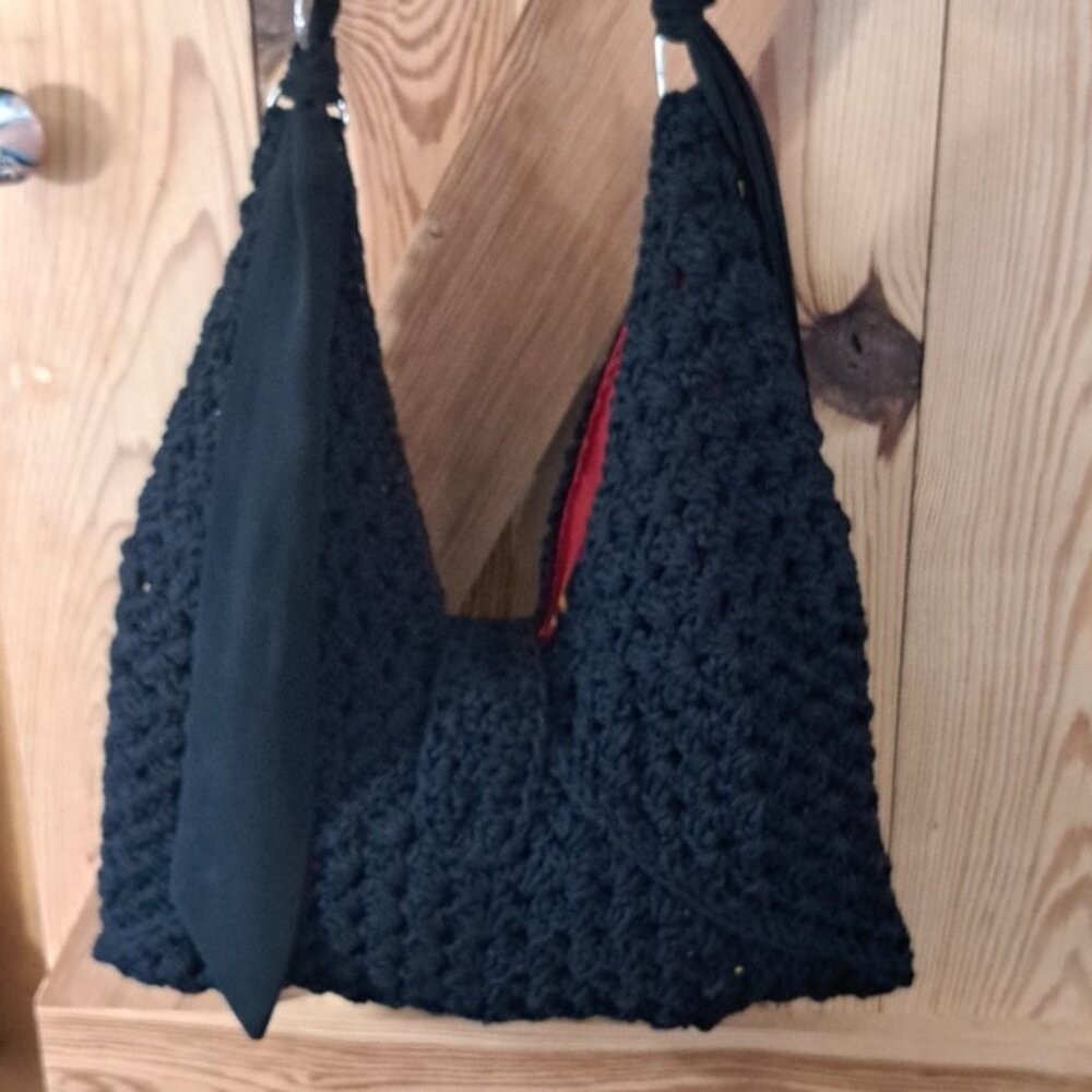 Hand Crafted Crochet Granny Square Three Triangle Cotton Bag Purse Tote - Picture 6 of 15